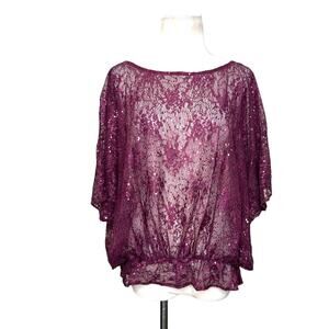 Love Stitch purple lace sequin short dolman sleeves blouse size Small